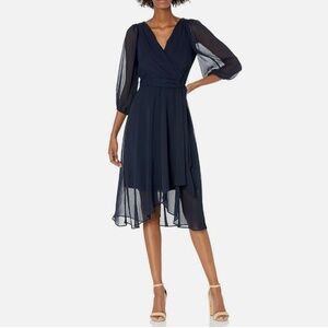 NWT! | DKNY | Chiffon Midi Wrap Dress | Size 6 - Navy / Midnight Blue
